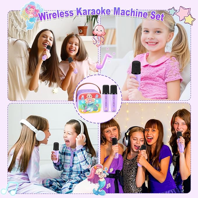 Mermaid Mini Karaoke Machine Toys: Kids Toys Girls Birthday Gifts Age 3-12+ LED Portable Bluetooth Speaker with 2 Wireless Microphone Gift Toy for 4 5 6 7 8 9 Years Old Girl Boy Kid Adult