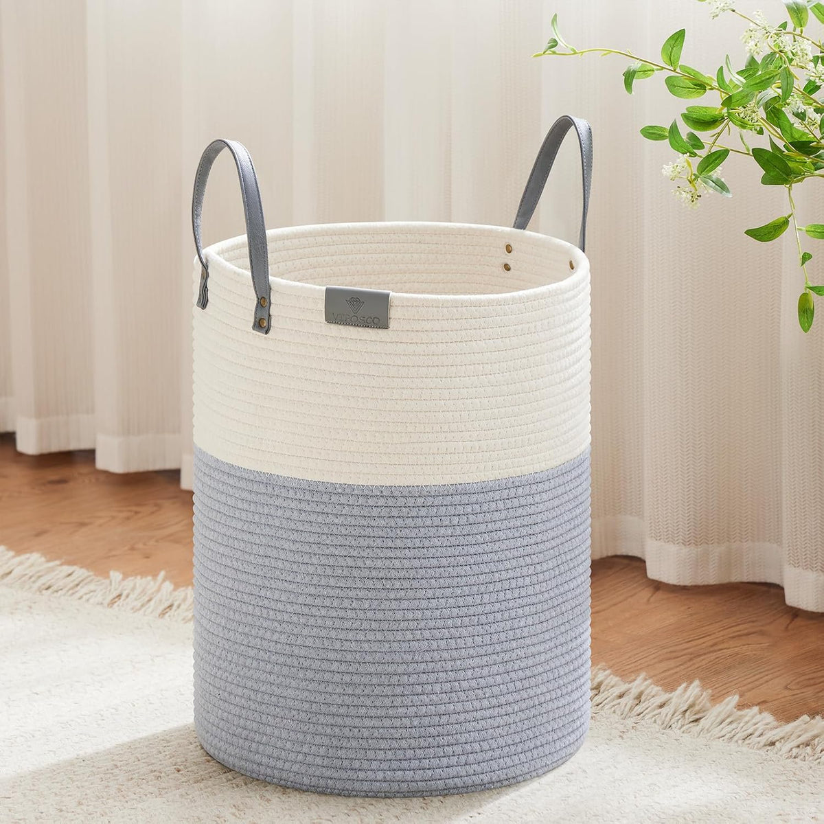 VIPOSCO Tall Laundry Basket, Large Dirty Clothes Hamper with Leather Handle, Woven Rope Storage Basket for Blanket, Toy In Living Room, Bathroom, Bedroom - 53L Grey & White