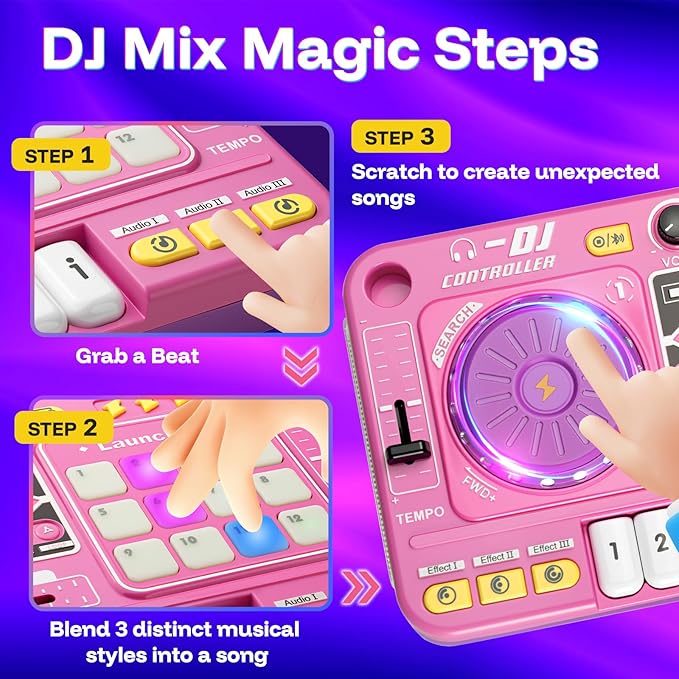 Baby DJ Table, Toddlers DJ Mixer Toy Sets with Lights, Songs, Sound Effects, Microphone, Baby Electronic Piano Sets, Chiristmas Birthday Gifts for 3 4 5 6 Years Old Girls
