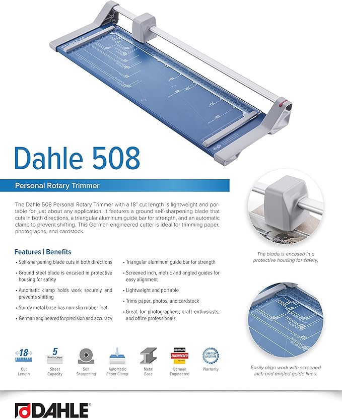 Dahle 508 Personal Rotary Trimmer, 18" Cut Length, 5 Sheet Capacity, Self-Sharpening, Automatic Clamp, German Engineered Paper Cutter