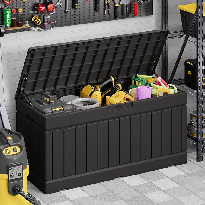 Devoko 78 Gallon Deck Box, Waterproof Resin Outdoor Storage Box for Outside and Patio, Outdoor Storage Bench Lockable for Patio Furniture, Garden Tools and Pool Supplies (Black, 78 Gallon)