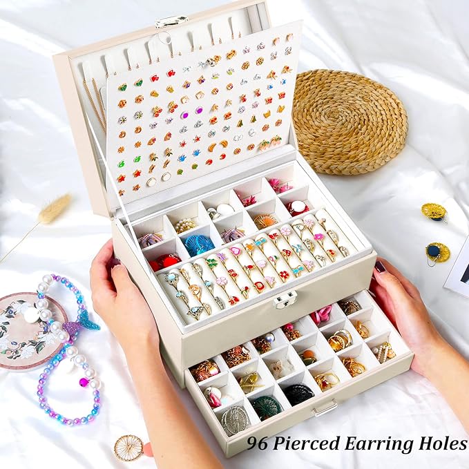 Earrings Jewelry Box for Girls, 5 Layers Jewelry Organizer with Earring Holder Organizer for Girls Earring Organizer Jewelry Boxes for Women Earrings and Necklaces Jewelry Box Organizer Beige