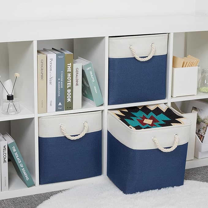 Bidtakay Storage Baskets Large Cube Storage Bins Fabric Baskets for Organizing Shelves 13x13 Navy Blue Square Storage Bins Large Set of 3 Linen Closet Organizers for Cabinet Home