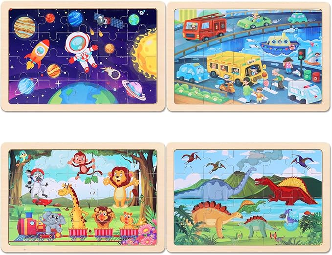 Wooden Educational Jigsaw Puzzles for Preschool Kids Ages 3-5, 4-Pack with 20 Pieces Dinosaur, Space, Transportation Wood Puzzles Set, Toddler Brain Teaser Toys, Gifts for Boys Girls Ages 3 4 5 6
