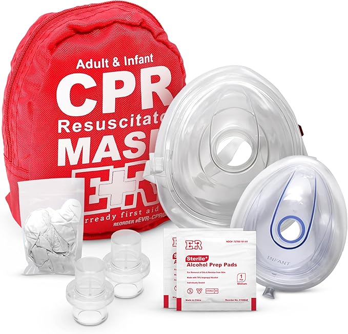 Adult and Infant CPR Mask Combo Kit – 50-Pack – 100 Valves, 50 Gloves, 100 Alcohol Pads – Bulk Set for First Responders, CPR Training