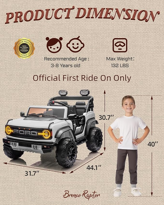 Licensed Ford Bronco Raptor 24V 2 Seater Kids Ride on Toys, Battery Powered Electric Ride on Car, Remote Control Electric Car w/Led Lights, Music, High Low Speed (24V, White)