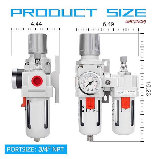 NANPU 3/4" NPT Compressed Air Filter Regulator Lubricator Combo (FRL) Water/Oil Trap Separator - Gauge(0-150 psi), 5 Micron Brass Element,Poly Bowl, Semi-Auto Drain, Metal Bracket