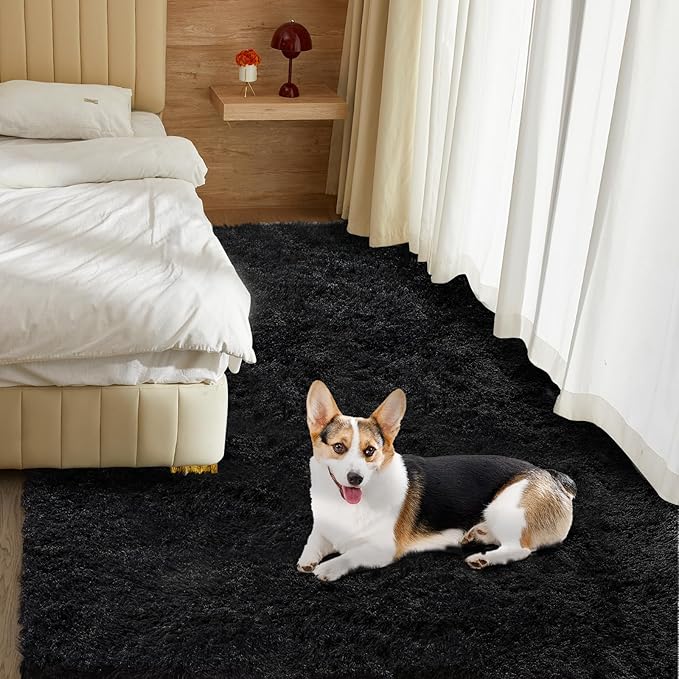 Ultra Soft Rug for Living Room, 8X10 Fluffy Shag Area Rug for Bedroom, Modern Shaggy Carpets Fuzzy Rug for Teens Dorm Nursery Home Decor Aesthetic, Upgrade Anti-Skid Durable, Black