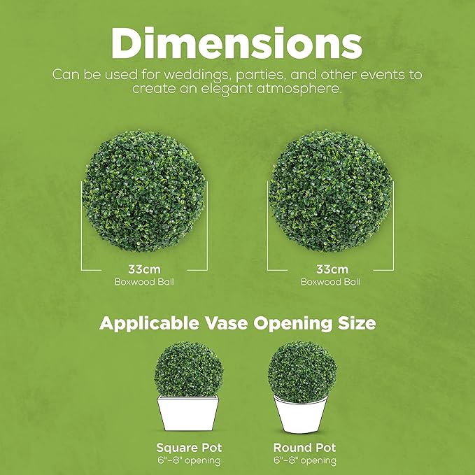 DRAY Premium 13" Faux Boxwood Balls – Set of 2 Artificial Topiary Spheres for Outdoor & Indoor Use – Realistic, UV-Resistant, Weatherproof Decorative Greenery – Check Measurements
