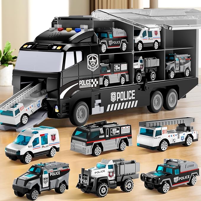 Toddler Boys Toys for 3 4 5 6 Years Old, Police Truck Vehicle Toy Set with Play Mat and Die-Cast Toy Car, Transport Carrier Truck for Kids, Birthday Gifts Toys for 3 4 5 6 7 8+ Year Old Boys