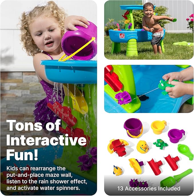 Step2 Rain Showers Splash Pond Water Table, Kids Water and Sand Activity Sensory Playset, Summer Outdoor Toys, 13 Piece Water Toy Accessories, For Toddlers 1.5+ Years Old, Blue & Green