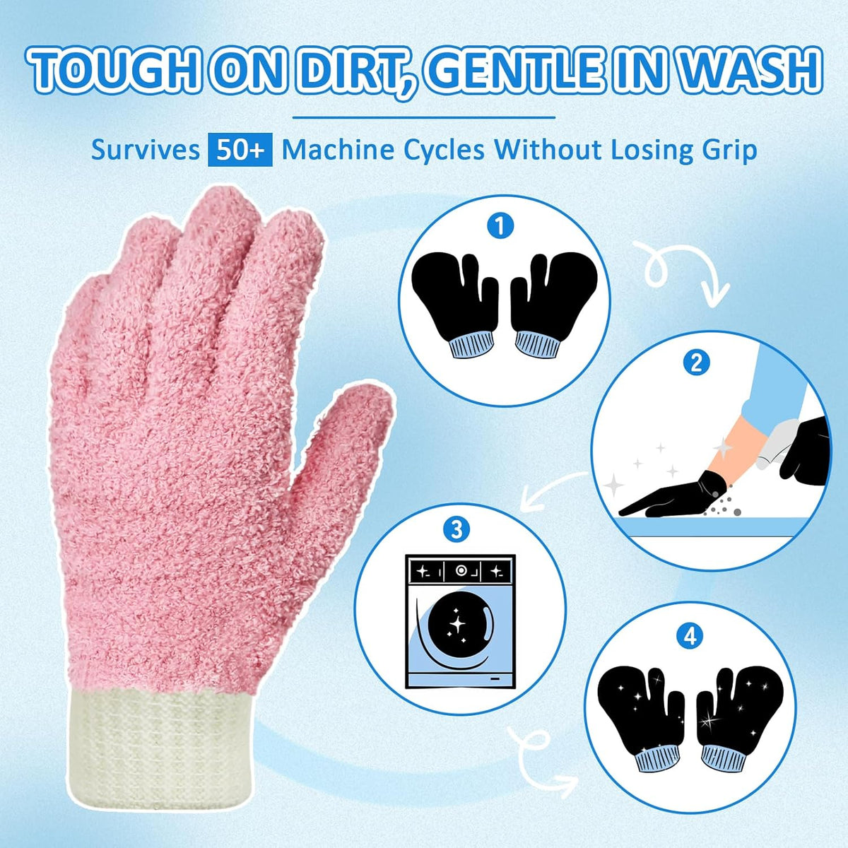 MIG4U 4 Pairs Microfiber Gloves - Dusting Gloves for House Cleaning - Washable Blind Cleaner Duster Tool (Blue/Pink/Gray/Navy,S/M)
