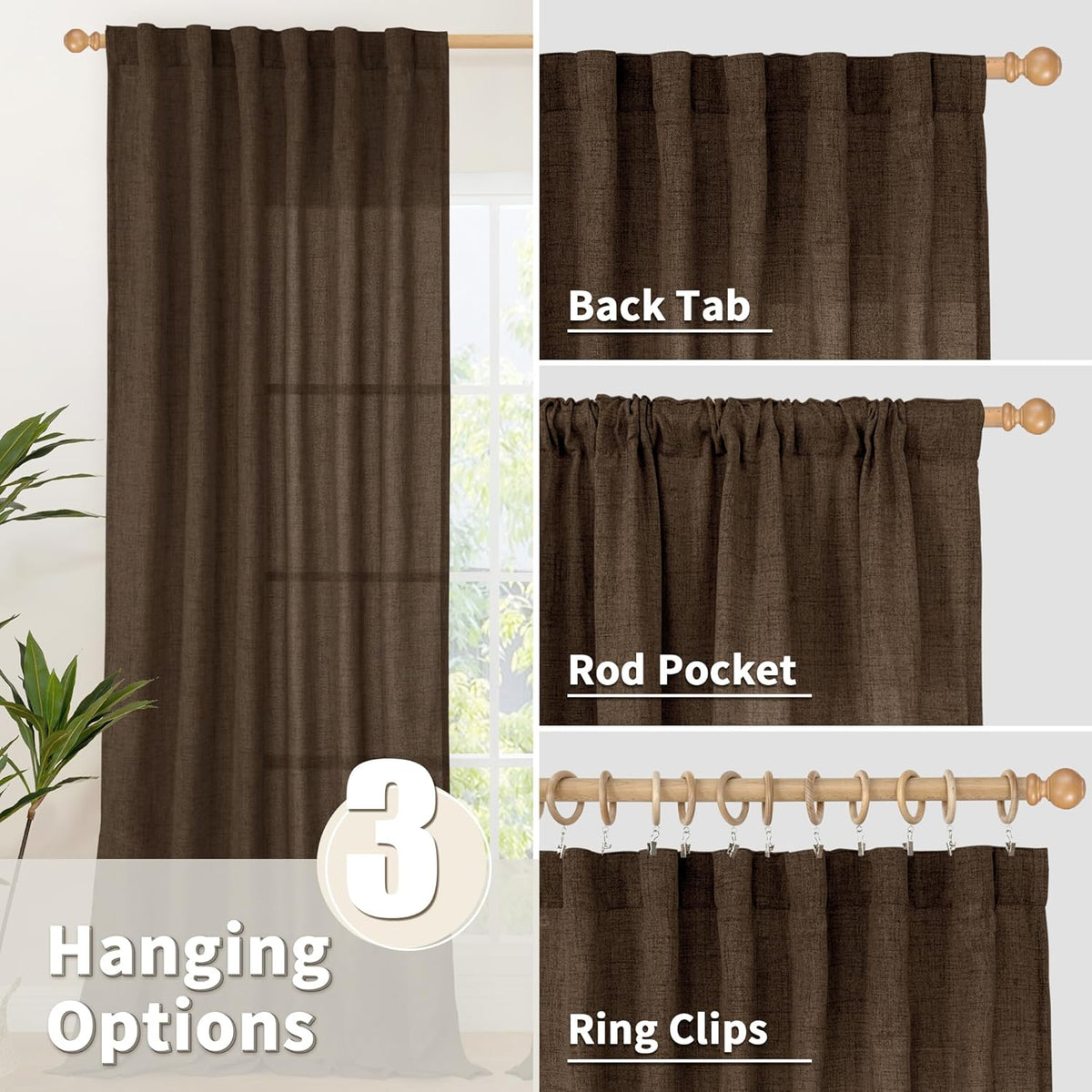 YoungsTex Brown Linen Cafe Curtains 36 Inches Long for Fall Decor, Small Light Filtering Drapes with Rod Pocket Back Tab Textured for Bathroom Kitchen Window, 2 Panels, 42 X 36 Inch
