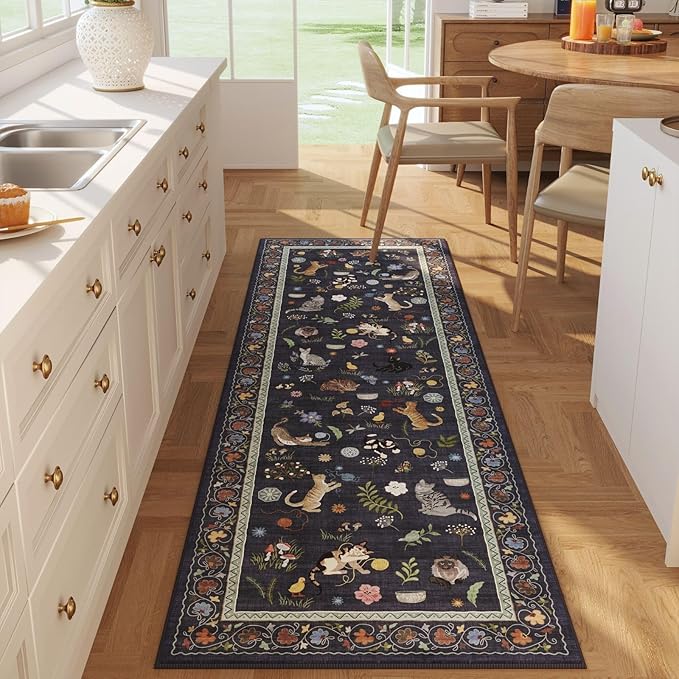 Rugcomf Runner Rug for Kitchen Non Slip 2'6''x8' Washable Rugs with Rubber Backing Soft Floral Animal Cat Carpet Runner for Kitchen Laundry Bedroom Bathroom, Cobalt Blue