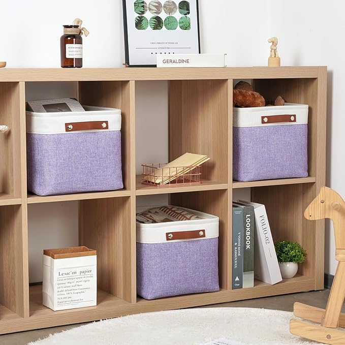 DULLEMELO Storage Baskets for Organizing, Shelves,Bedroom, Decorative Storage Bins with Leather Handles, Fabric Storage Basket for Office, Toys(3-Pack, White&Purple)