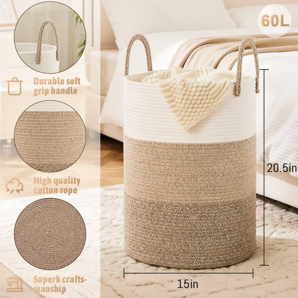 Laundry Basket,Woven Cotton Rope Laundry Hamper,60L for Decorative Storage of Dirty Clothes,Toys and Blankets in Bathroom,Bedroom and Living Room