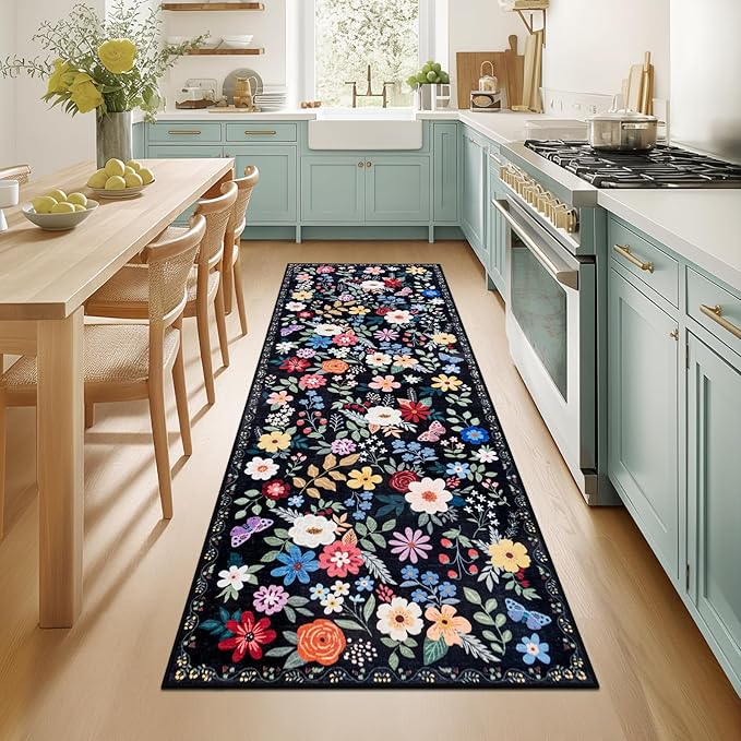 Runner Rug for Entryway: 2x6 Kitchen Rugs Non Slip Washable Ultra-Thin Soft Floral Carpet Indoor Floor Stain Resistant Carpets for Hallway Bedroom Kitchen Laundry Bathroom Dorm Black