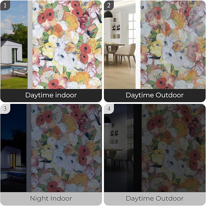 Window Privacy Film, Frosted Glass Decorative Static Cling, Removable Sun Blocking Vinyl Covering, Window Film for Home Kitchen Living Room Bathroom, Oil Painting Flowers, 17.5" x 78.7 "