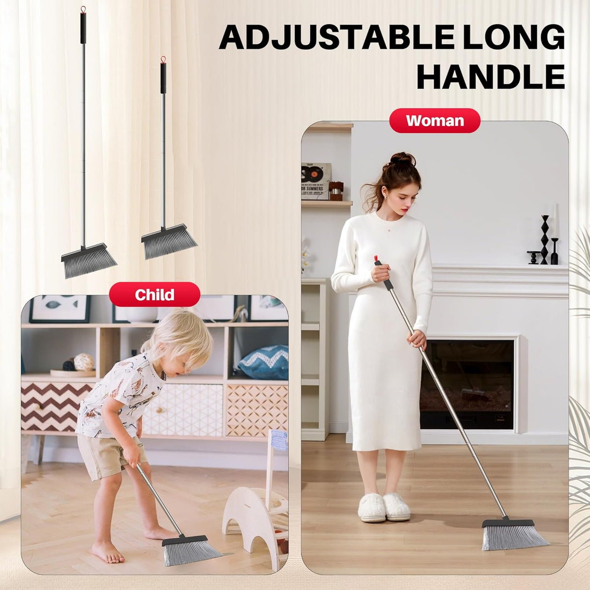 JOYMOOP Black and Red Broom and Dustpan Set, Upright Angle Design with Built-in Comb Teeth for Home, Office, Hard Floors