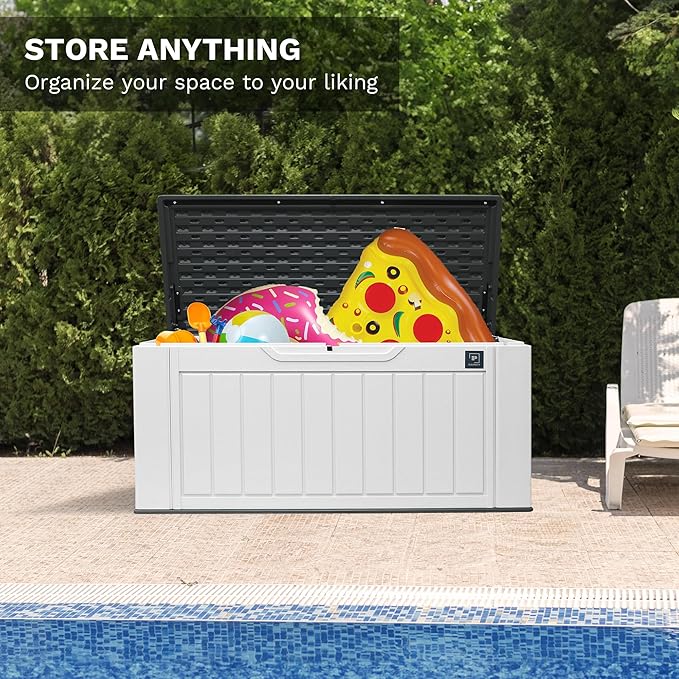 230 Gallon Large Outdoor Storage Box, Durable Deck Boxes Outdoor Waterproof, Resin Waterproof Deck Box for Patio Furniture Outdoor Cushions Garden Tools and Pool Storage (White, 150Gallon)