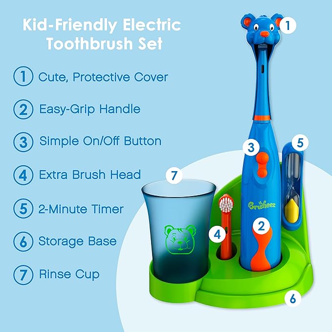 Brusheez Kids’ Electric Toothbrush Set - Safe & Effective for Ages 3+ - Parent Tested & Approved with Gentle Bristles, 2 Brush Heads, Rinse Cup, 2-Minute Timer, & Storage Base (Buddy The Bear)