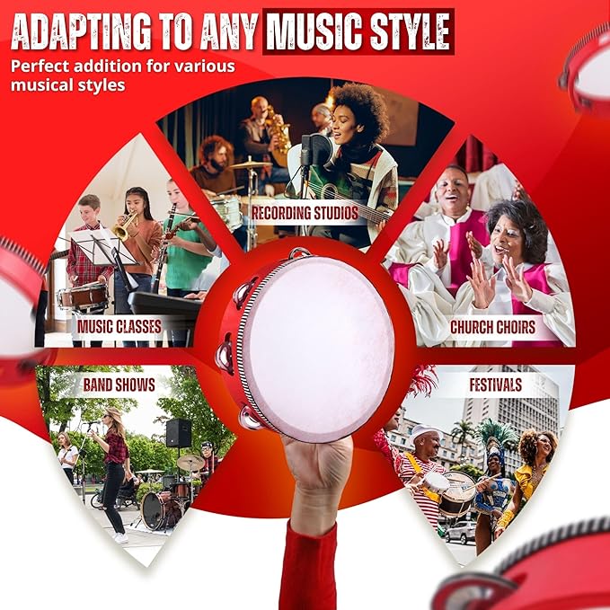 Flexzion Wood Handheld Tambourines - 8 and 6 Inch Set of 2 Pack, with Single Row Metal Jingle Bell (Red) Hand Held Tambourine Percussion Drum Moon Musical Instrument