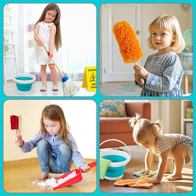Lonico Wooden Kids Cleaning Toy Set Pretend Play Toys, 12 Pcs Toddlers Cleaning Mop Broom and Dustpan Set with Organizing Stand/Bucket/Duster/Brushes, Toddler Toys Gift for Boys Girls Aged 3 4 5 6