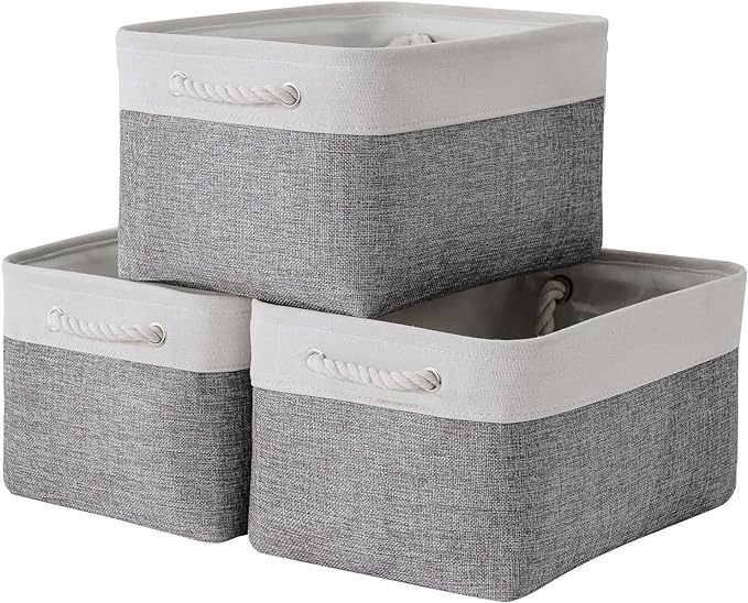 TheWarmHome Storage Bins for Shelves - 13.8L×9.8W×6.7H inch 3 Pack Medium Collapsible Storage Baskets for Organizing | Fabric Storage Cubes for Linen Closet Toy Home (White&Grey)