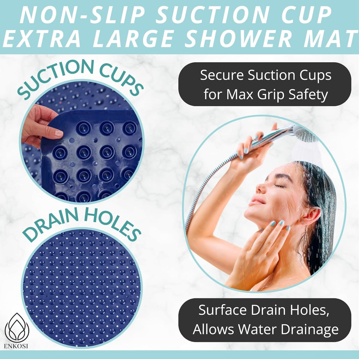 ENKOSI Extra Large Shower Mat Non Slip - 47 x 32 inch - XL Bathroom Shower Mat - Large Shower Matts for Shower Stall Floors - Secure Suction Cups and Drain Holes (47x32 Navy Blue)