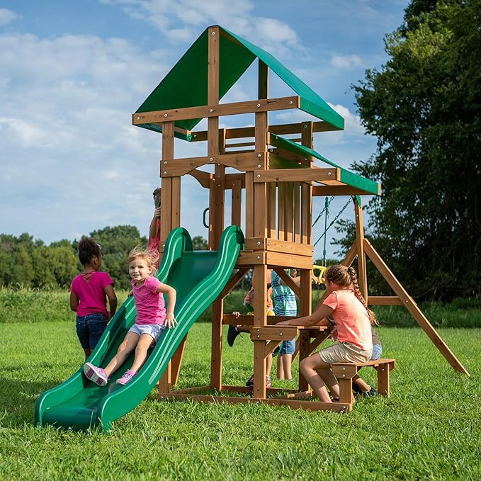 Backyard Discovery Belmont Cedar Wood Swing Set with Wave Slide, Play Deck, Rock Wall Ladder, Snack Bar Window, Shaded Picnic Area, Bench, Belt Swings, Trapeze, Sandbox Area, Canopy, Outdoor Playset