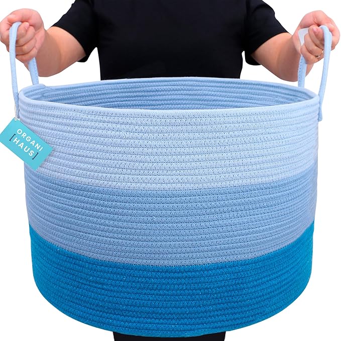 OrganiHaus Toy Storage Basket for Kids, Large Cotton Rope Organizer Bin for Nursery, Toy Box, Blanket Holder, Baby Hamper for Living Room, Soft & Washable, 20x13 inches - Blue
