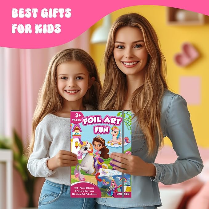 homicozy Art & Craft Activity for Kids-Foil Fun Unicorn & Princesses,No Mess Art Crafts for Girls,DIY Foil Foam Stickers,Creative Activity Kits,Kids Travel Toys,Gifts for Girls & Boys Ages 4-10