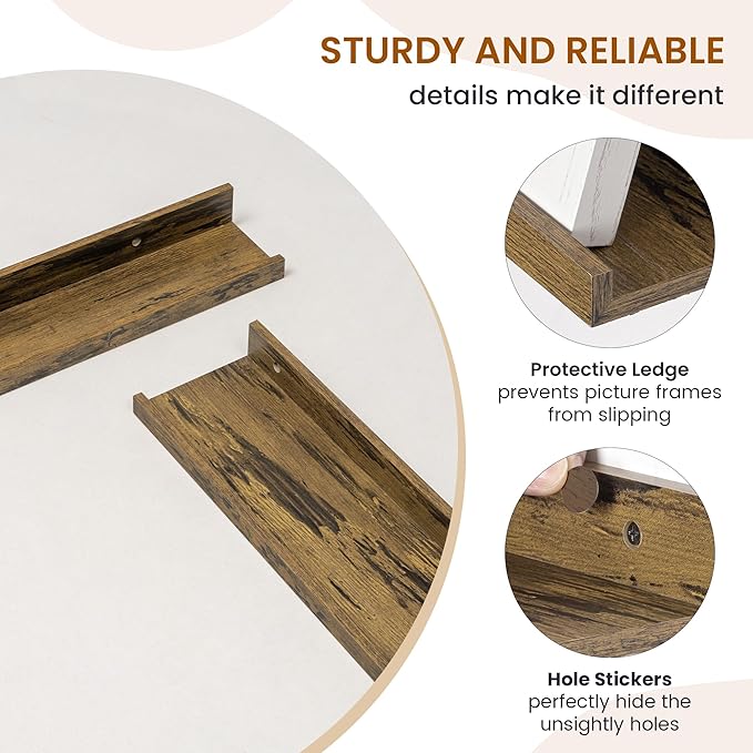 Axeman Picture Ledge Shelf, Floating Shelves for Wall Storage Set of 6, 16 inch Floating Wall Mounted Shelves, Wall Shelves with Lip for Living Room, Bedroom, Nursery, Bathroom, Kitchen, Rustic Brown