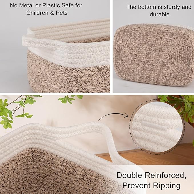 OIAHOMY 3 Pack Storage Baskets for Organizing, Woven Cotton Rope Basket for Shelves, Closet Organizer Bins with Handles, Rectangle Toy Organization, 13.78''×9.84''×5.5'', Brown & White