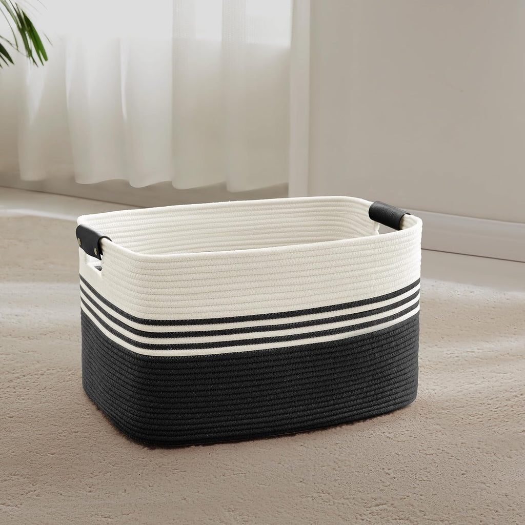 45L Small Laundry Basket with Leather Handles for Living Room Storage, Woven Rope Baskets Bin for Blanket, Kids Toy, Gifts, Wicker Hamper for Bedroom Dirty Clothes, 18"x14"x11" White Black