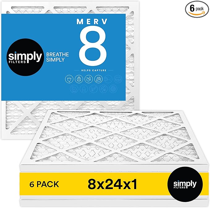 Simply 8x24x1 Air Filter, Merv 8, 6 Pack, For Home AC Furnace & HVAC (Actual Size: 7.75"x23.75"x0.75") DUST, Pet, & Allergy Control