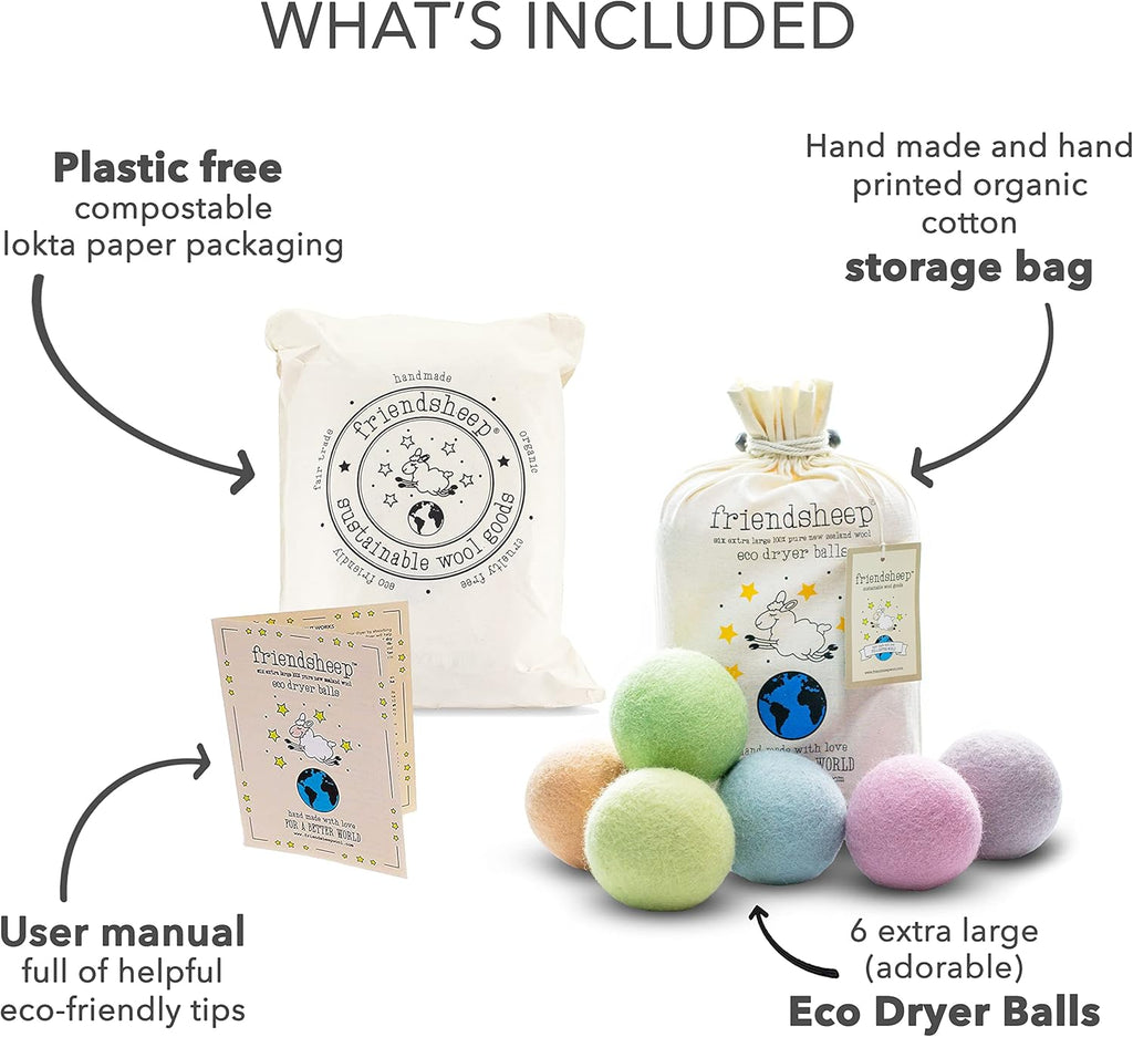 Friendsheep Wool Dryer Balls, Organic Reusable Fabric Softener Alternative for Laundry, Handmade, Fair Trade, Hypoallergenic, Eco-Friendly, Plastic-Free (6 Pack XL - Spring Magic)