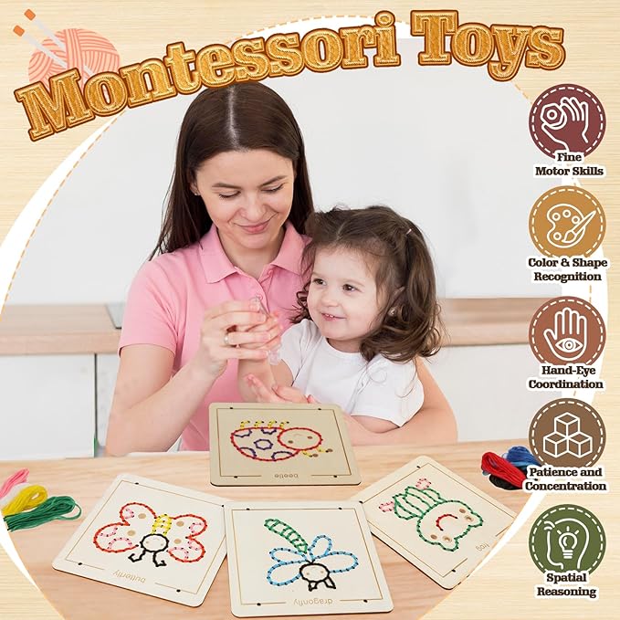 Montessori Wooden Lacing Toys for Toddlers and Kids Ages 2-4 5-7, Sewing Kit Fine Motor Skill Busy Board, Education Sensory Preschool Toy for 1 2 3 4 Year Olds, Birthday Gift for Boys and Girls