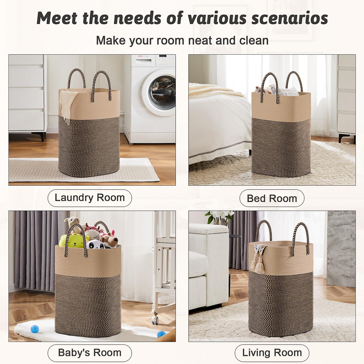 Laundry Basket,Woven Cotton Rope Laundry Hamper,Versatile Storage for Dirty Clothes,Baby Toys,and Blankets in Bathroom, Nursery,and Living Room (Jute, 60L)