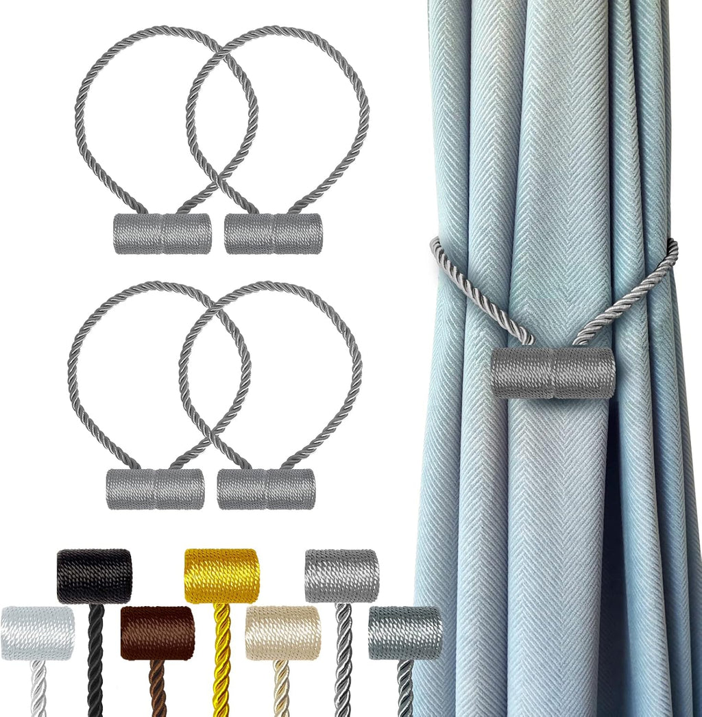 Hion Magnetic Curtain Tiebacks Grey 4 Pack, Curtain Tiebacks Buckles Holdbacks Holders Hooks Clip for Home Bedroom Office Decorative Thick or Thin Curtain