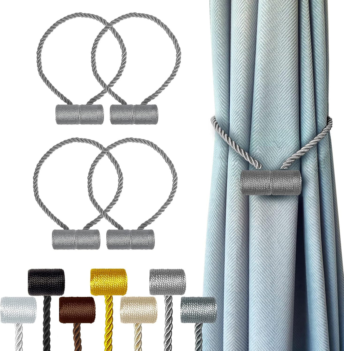 Hion Magnetic Curtain Tiebacks Grey 4 Pack, Curtain Tiebacks Buckles Holdbacks Holders Hooks Clip for Home Bedroom Office Decorative Thick or Thin Curtain