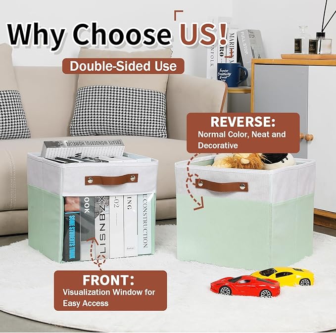 HNZIGE Clear Storage Cubes Bins 11 x 11, Fabric Storage Cube Bins for Storage Organizer,Shelf Storage Bin for Organizing, Cubby Foldable Cube Organizer Bin for Storage Blanket Home(White Green 6PCS)