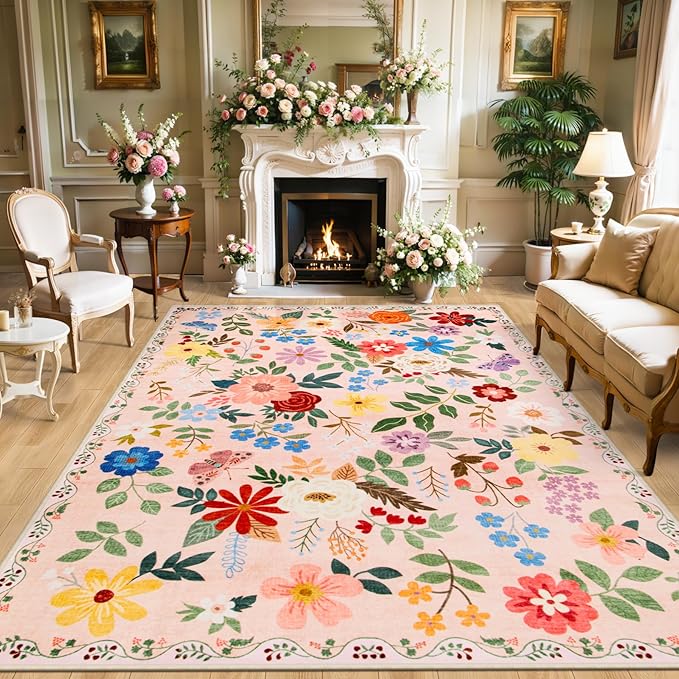 10x12 Area Rugs for Living Room: Floral Washable Rug Vintage Large Soft Boho Non-Slip Carpet Stain Resistant Low Pile Carpets for Bedroom Dining Room Farmhouse Nursery Hallway Home Office Beige
