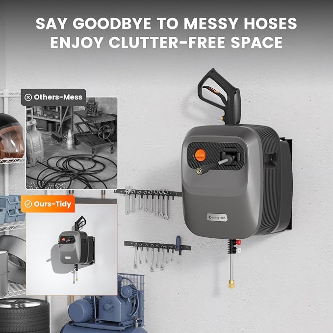 Giraffe Tools Grandfalls Retractable Pressure Washer G20, 2500 PSI 2.2 GPM, 180° Wall Mounted Power Washer, Auto-Retract with 65FT Hose Reel, 5 Nozzles for Floor/Cars/Fences/Patios, Dark Silver