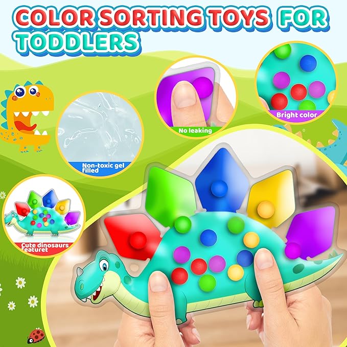 2PC Dinosaur Color Sorting Sensory Toys, Montessori Toys for Toddler Fine Motor Skill Game Learning Activities Quiet Calm Down Fidgets for Classroom Stocking Stuffers for 3 4 5 Year Old Boy Travel Toy