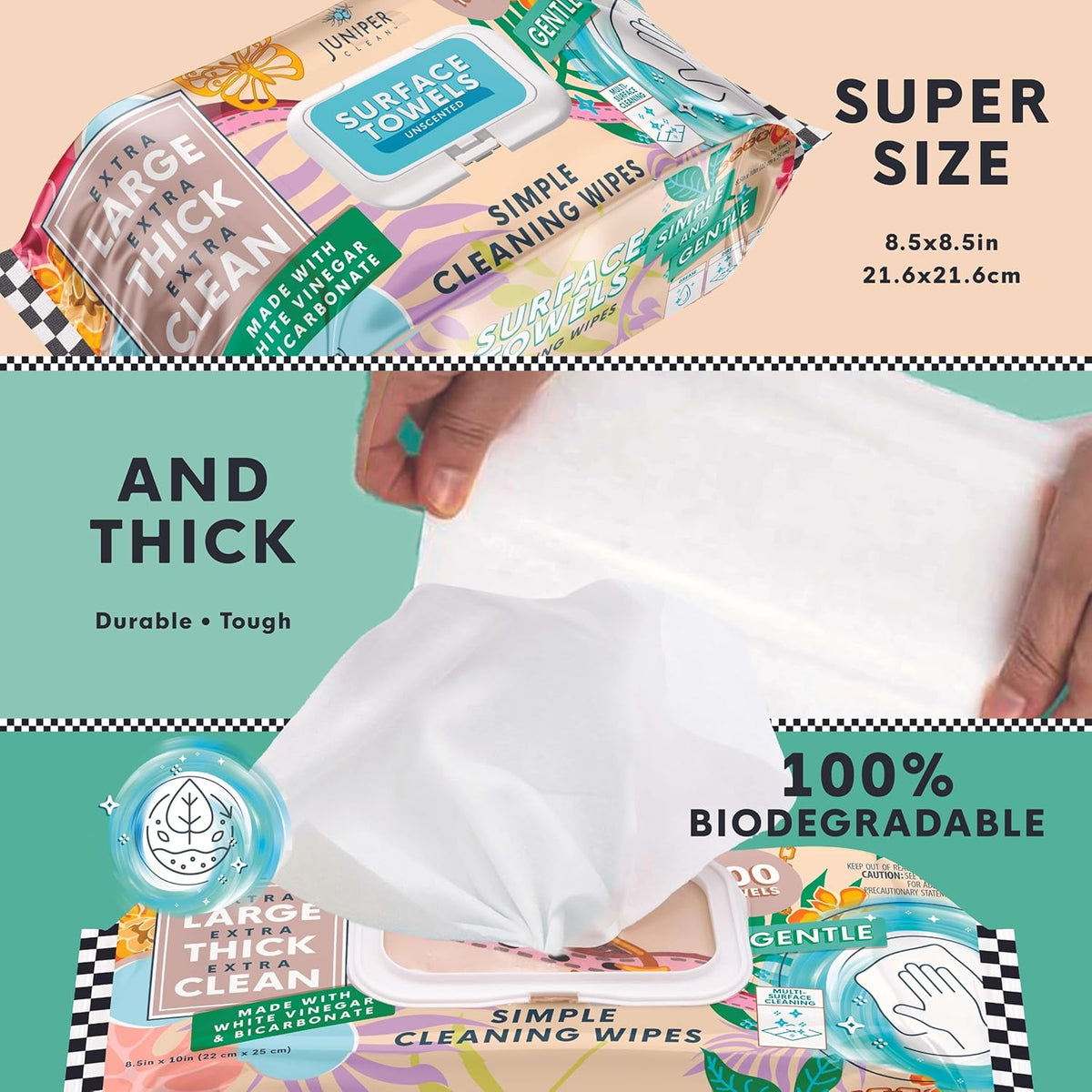 6 Packs Surface Cleaning Wipes Bleach Free, Thick & Large Dispose, All-Purpose Cleaner for Bathroom, Kitchen, Office, 100 Count Soft Flow, Biodegradable, No Scent