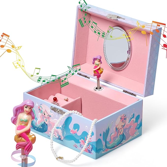 Jewelkeeper Girls Musical Jewelry Box - Durable Pine Fiberboard with Soft Pink Lining - Kids Jewelry Box - The Beautiful Dreamer Tune - Gifts for Girls - Mermaid Jewellery Box - 6x4x3.5in