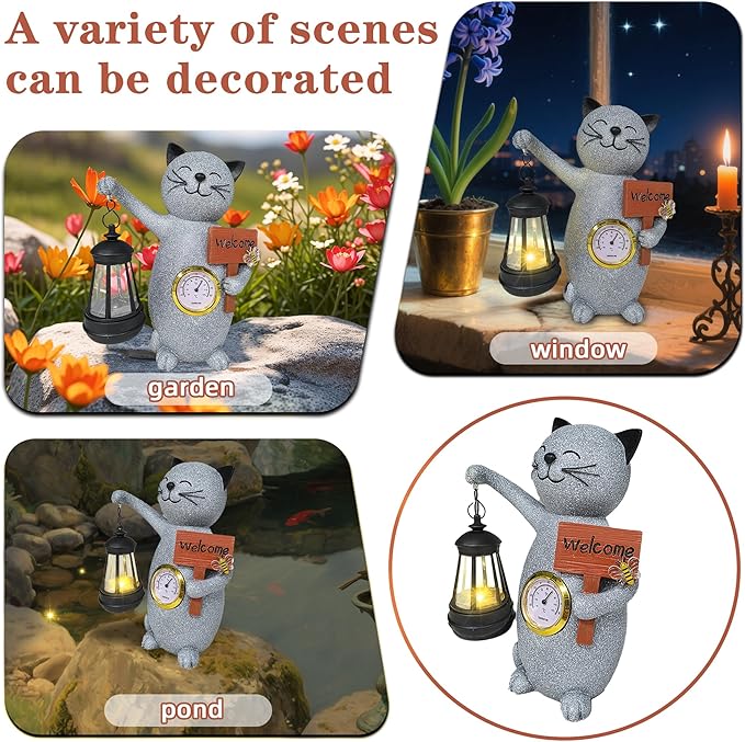 Solar Cat Outdoor Statues for Garden-Creative Thermometer-Lantern-Welcome Sign, Suitable for Yard Art, Lawn Ornaments, Porch, Terrace, Alcove, Home, House Outdoor, Cat Garden Decoration