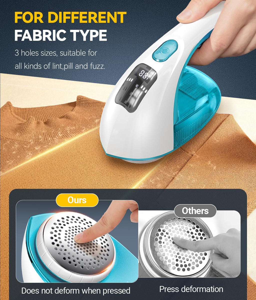 Rechargeable Fabric Shaver and Lint Remover, 3-Speed Adjustable Sweater Shaver with 6-Leaf Replaceable Stainless Steel Blades, 2.6Inch Large Mesh, Removable Bin for Clothes Fuzz, Lint, Pills, Bobbles