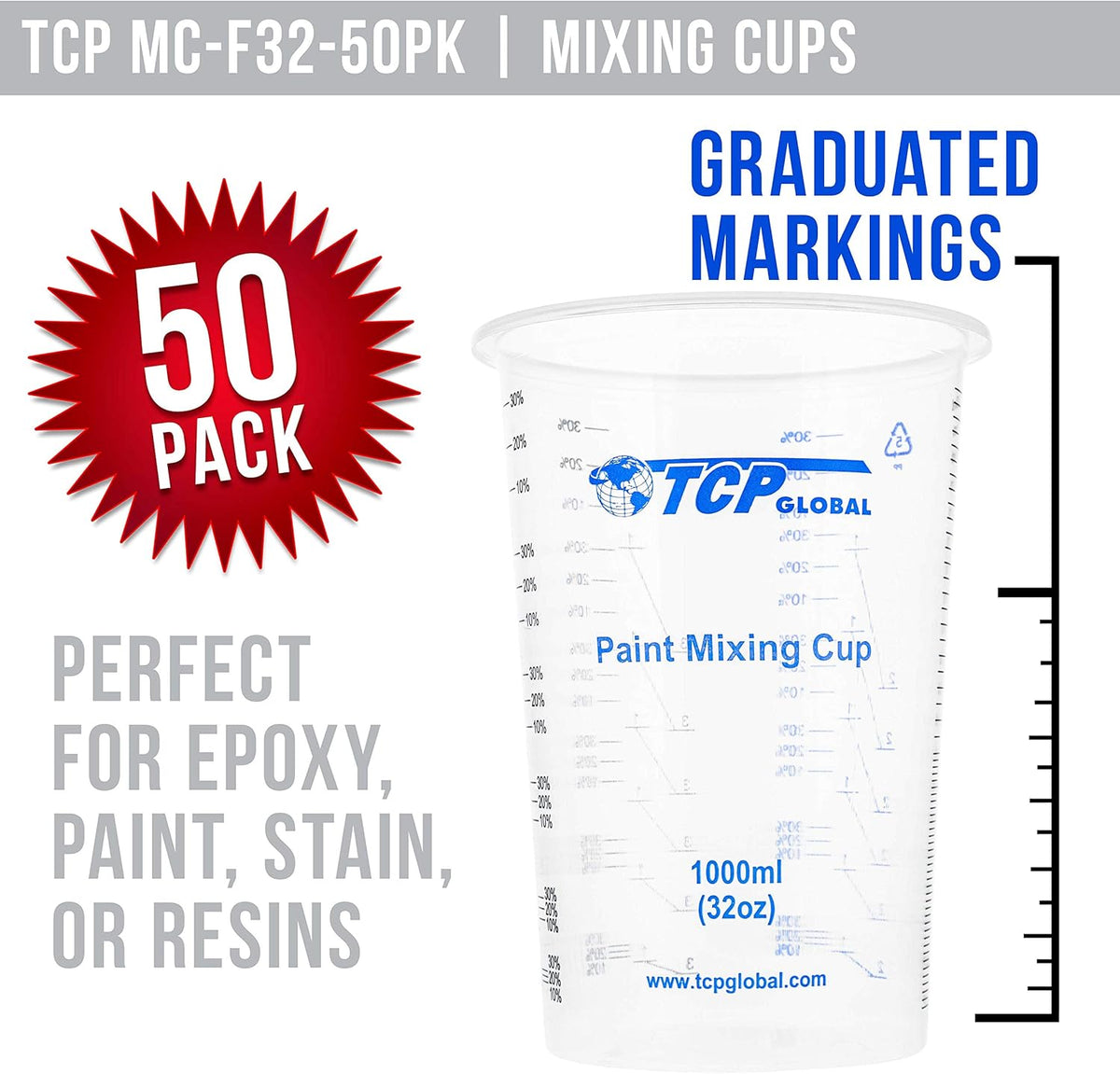TCP Global 32 oz. (1000ml) Graduated Plastic Mixing Cups (Box of 50) - Disposable Plastic Measuring Cups for Liquids, Paints, Resin, Epoxy, Art, Kitchen - Ratios 2-1, 3-1, 4-1 ML